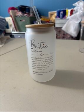 Bestie Frosted Glass Tumbler with Bamboo Lid - White